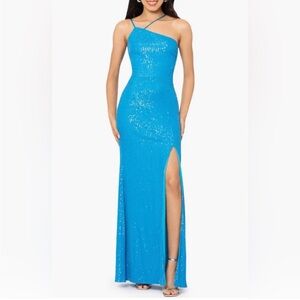Xscape Size 6 Sequin Blue Asymmetrical Formal Gown with Leg Slit